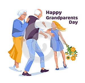 Grandparents Day Greeting card. A girl greets an elderly couple with