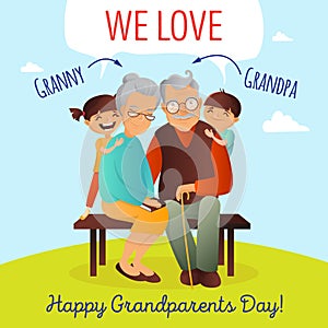 Grandparents Day vector concept. Illustration with happy family. Grandfather, grandmother and grandchildren.