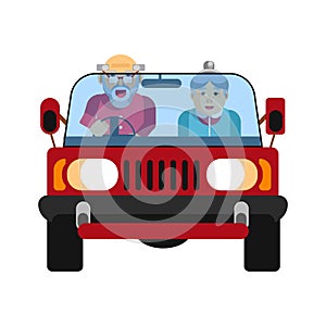 Grandparents driving on jeep car isolated on white. Vector illustration