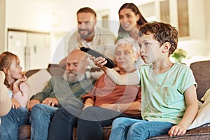 Grandparents, family tv and children in a home living room streaming a web series together. Senior people, kids and