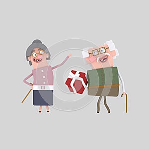 Grandparents with gift. 3D