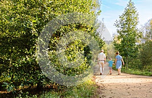 Grandparents and grandchild walking outdoors