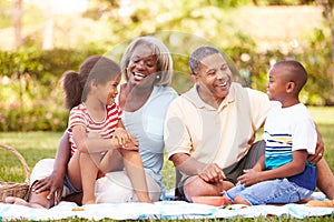 Grandparents And Grandchildren Having Picnic In Garden