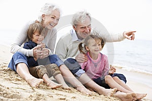 Grandparents And Grandchildren Sitting On Beach Together photo
