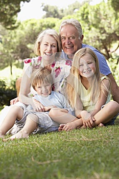 Grandparents And Grandchildren Sitting In Park Together