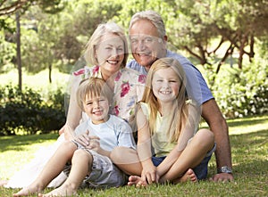 Grandparents And Grandchildren Sitting In Park Together