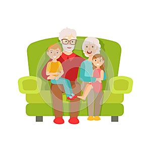 Grandparents And Grandchildren Sitting On The Sofa, Part Of Grandparent Grandchild Passing Time Together Set