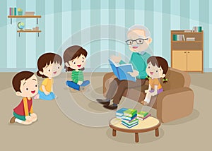 Grandparents with grandchildrens reading on sofa photo
