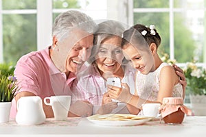 Grandparents with granddaughter using smartphone