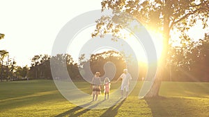 Grandparents with granddaughter walking on grass.