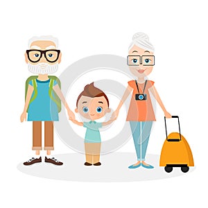 Grandparents with grandson. Grandfather and grandmother with a packsack travel. Travelling with the knapsack. Vector illustration