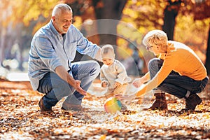 Grandparents and grandson together in autumn park photo