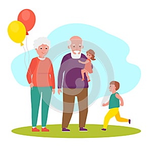 Grandparents and grandson together in park. Vector flat