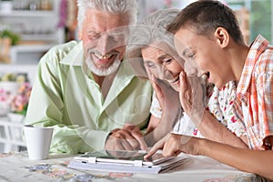 Grandparents with grandson using laptop