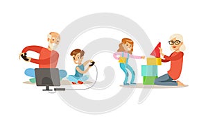 Grandparents Having Good Time with Grandchildren Get, Their are Playing Video Games and Toy Blocks Cartoon Vector