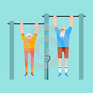 Grandparents on horizontal bar. Pull up Grandmother and grandfather street workout. Old man Sport. Fitness for seniors