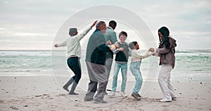 Grandparents, jumping and parents with kids on beach for bonding, playing and relax in nature by sea. Family, travel and