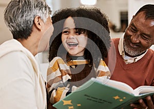 Grandparents, kid and happy for reading, book or home for support, learning or education with laugh. Senior man, woman