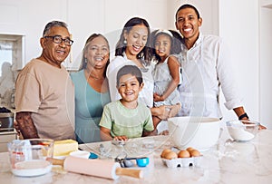 Grandparents, kids and happy family baking in the house with children or siblings learning to bake cakes or cookies