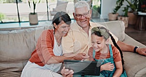 Grandparents, movie or girl with tablet in a family home for film streaming, video or education learning. Smile, child