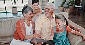 Grandparents, movie or kids with tablet in a family home for film streaming or education learning. Smile, children