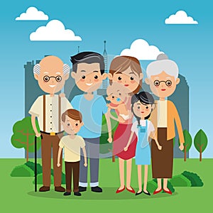 Grandparents, parents and kids icon. Family design. City Landsca