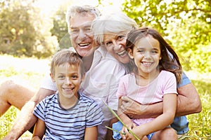 Grandparents sitting outdoors with their grandchildren