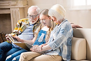 Grandparents and smiling granddaughter sitting on sofa and looking at photo album