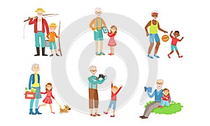 Grandparents Spending Time with Grandchildren Set, Grandfather and Grandmother Playing, Walking, Reading Books, Doing