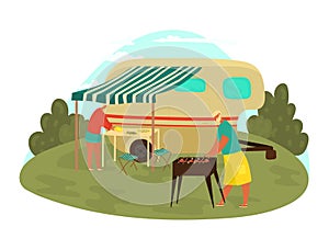Grandparents traveling, family on picnic, woman. man on travel, happy people on vacation, design cartoon style vector
