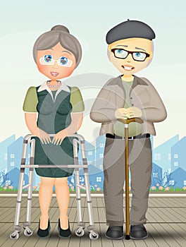 Grandparents with walking stick and walker