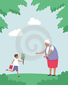 The grandson runs with flowers and a gift to his grandmother