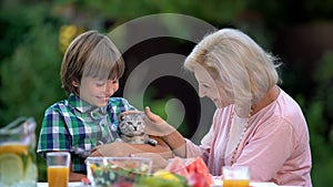 Grandson showing grandmother lovely kitten, hugging cute pet, new family member