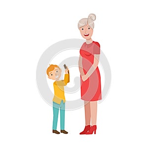 Grandson Showing Smartphone To Grandmother, Part Of Grandparent And Grandchild Passing Time Together Set Illustrations