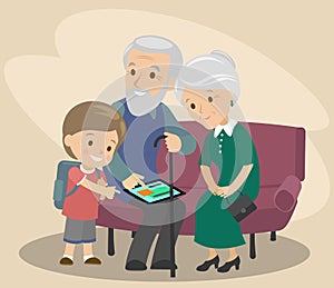 The grandson teaches grandfather and grandmother to use the tablet. Help the elderly. modern technologies. Vector