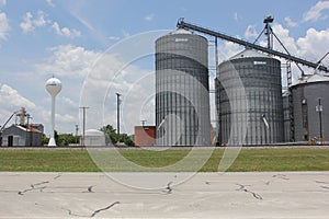 Granger, TX - June 7, 2023: Large Grain Silos Located in Downtown Granger Texas near Railroad Tracks