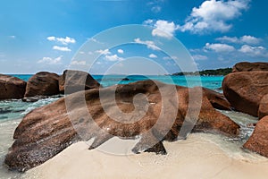 Granite boulders at Anse Lazio beach at Praslin island Seychelles