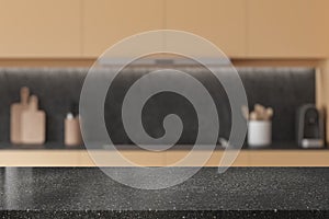 Granite mock up empty table on background of kitchen interior with kitchenware