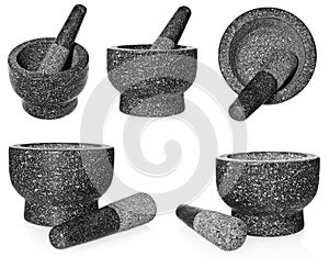 Granite mortar with pestle. Empty crushing dish, isolated on a w