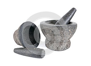 Granite Mortar and Pestle isolated on white background. Spice grinder mortar.Rock mortar. Stone mortar