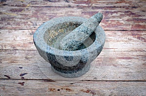 Granite Mortar and Pestle on wood table