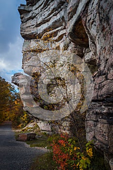 Granite outcropping foreground along hiking trail at Sam's Point Preserve