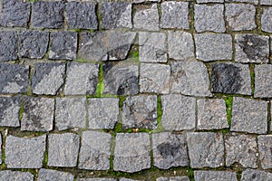 Granite paving stone background of the sidewalk. Abstract background of an old cobblestone street close-up