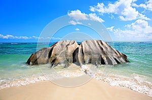 Granite rock, Source d\'Argent Beach, Island La Digue, Republic of Seychelles, Africa