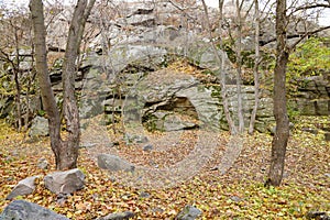 Granite rocks of Bukski Canyon in autumn. Picturesque landscape and beautiful place in Ukraine