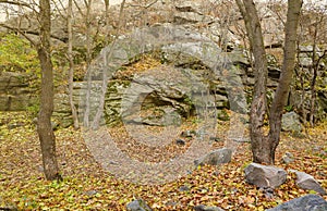 Granite rocks of Bukski Canyon in autumn. Picturesque landscape and beautiful place in Ukraine