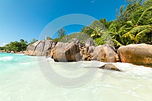 Granite rocks and palm trees by the sea in world famous Anse Lazio beach