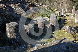 Granite roman milestones in Via XVIII, Roman road between Braga and Astorga. Baixa Limia-Serra do Xures Natural Park Galicia, photo