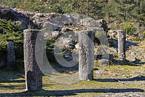 Granite roman milestones in Via XVIII, Roman road between Braga and Astorga. Baixa Limia-Serra do Xures Natural Park, Ourense. photo