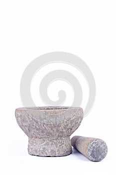 Granite stone mortar and pestle are Thai cooking tool on white background food isolated